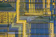 Pentium 1 CPU Silizium Oberfläche. (Kreuzpolarisation) Silizium-Strukturen historischer CPU Kerne unter dem Polarisationsmikroskop.