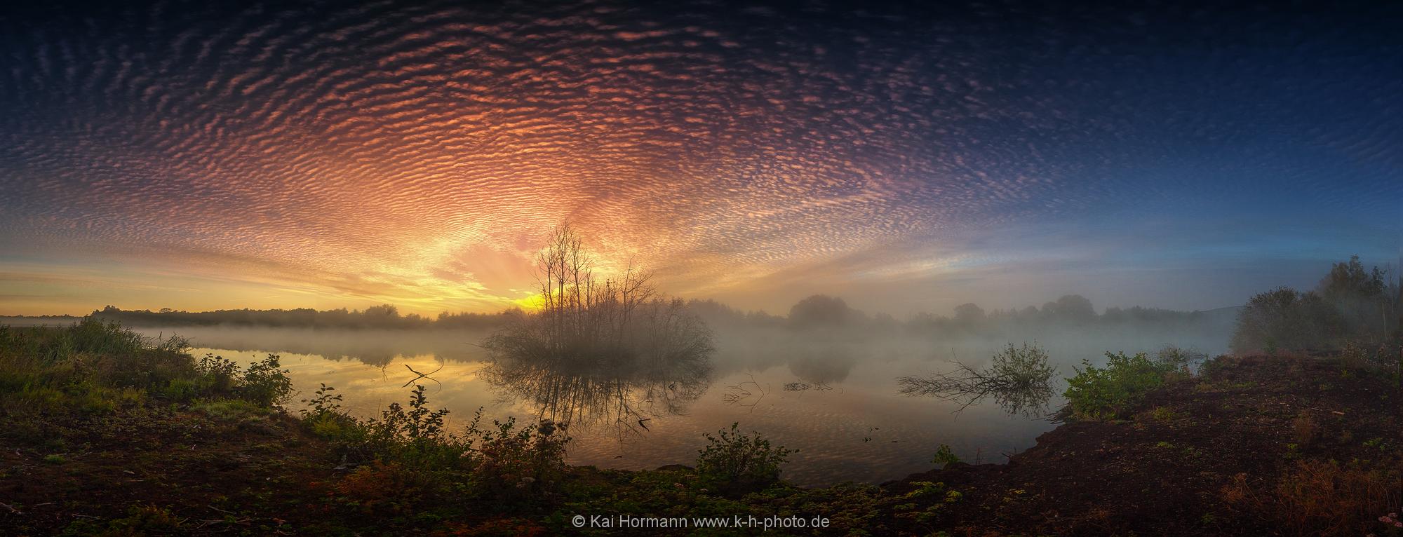 Landschaftspanorama Herbstlicher Morgennebel über dem großen Torfmoor.